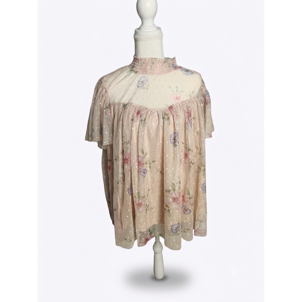 Willow Young Contemporary  3X Pink Floral Swiss Dot Mesh Smocked Neck Blouse